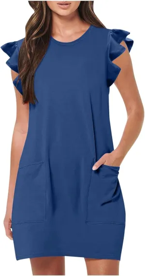 Pocket Womens Summer 2024 Dresses A Line Ruffle Cap Short Sleeve Casual Petite Mini Dress Flowy Sundress Cute Party