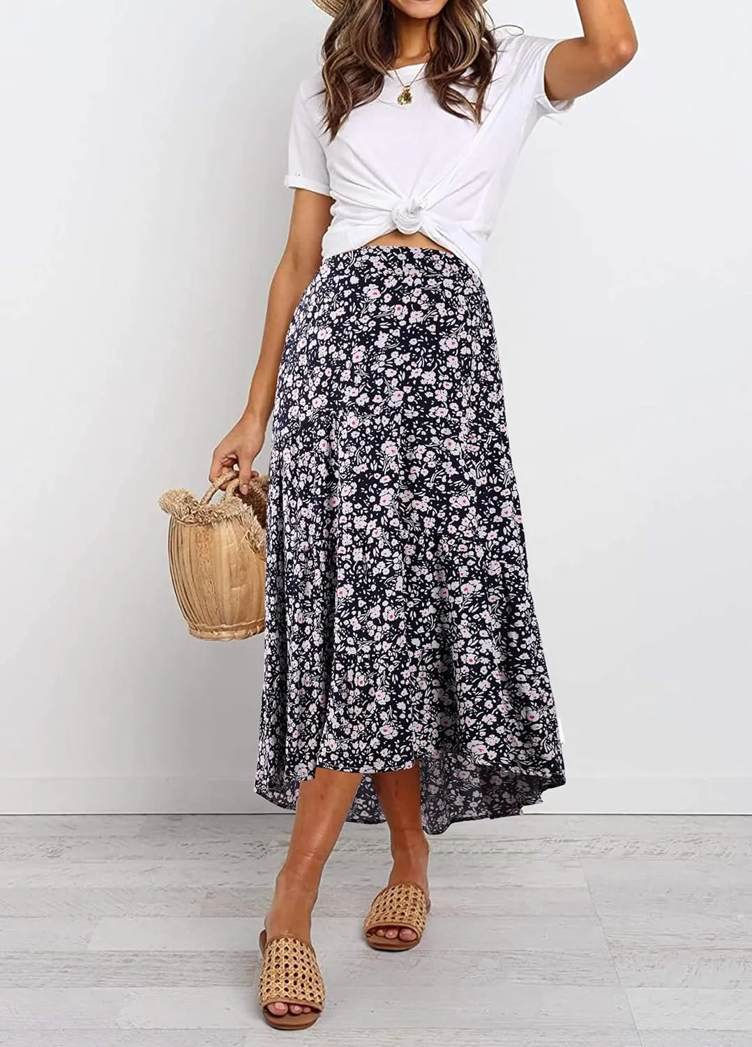 PRETTYGARDEN Women's Ditzy Floral Print Midi Skirt Boho Elastic High Waist Long Skirts for Women Trendy High Low Hem