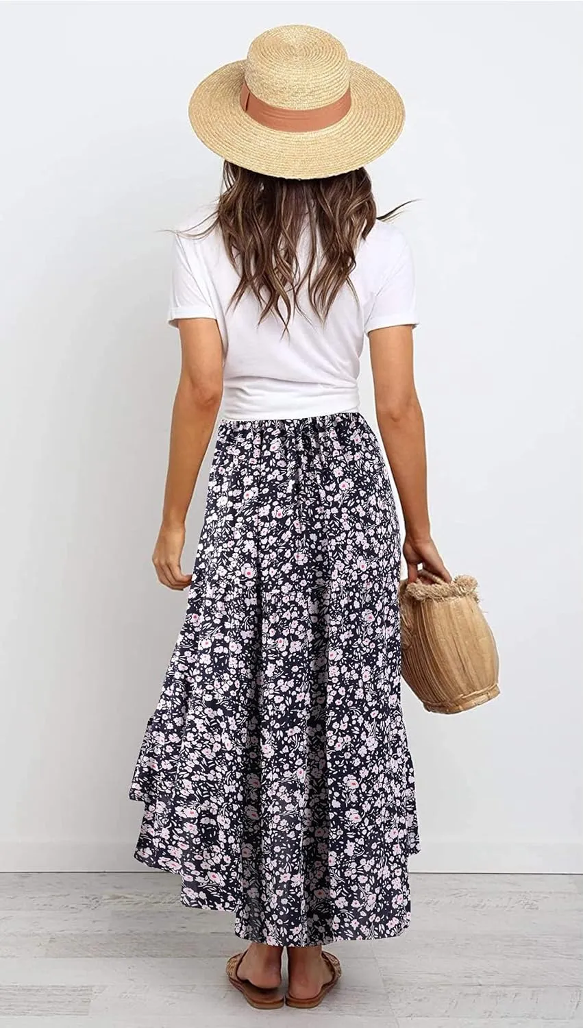 PRETTYGARDEN Women's Ditzy Floral Print Midi Skirt Boho Elastic High Waist Long Skirts for Women Trendy High Low Hem
