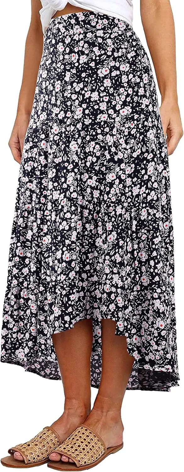 PRETTYGARDEN Women's Ditzy Floral Print Midi Skirt Boho Elastic High Waist Long Skirts for Women Trendy High Low Hem