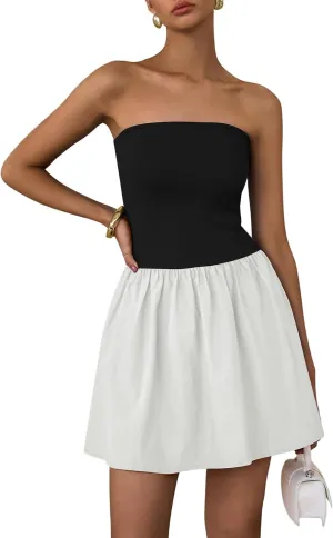 PRETTYGARDEN Women's Summer Strapless Mini Party Dress 2025 Casual Tube Top Ruffle A Line Short Patchwork Sundresses