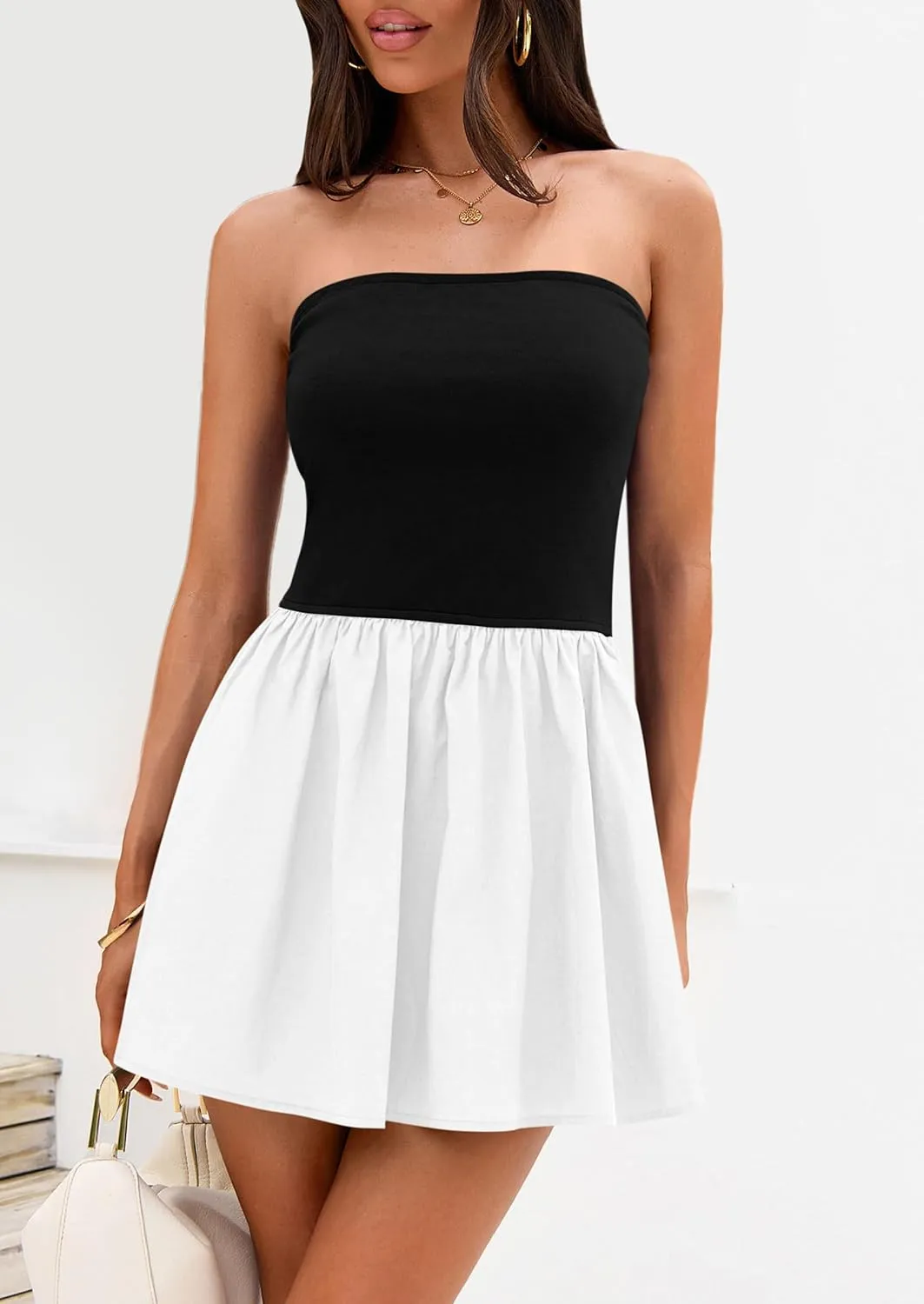 PRETTYGARDEN Women's Summer Strapless Mini Party Dress 2025 Casual Tube Top Ruffle A Line Short Patchwork Sundresses