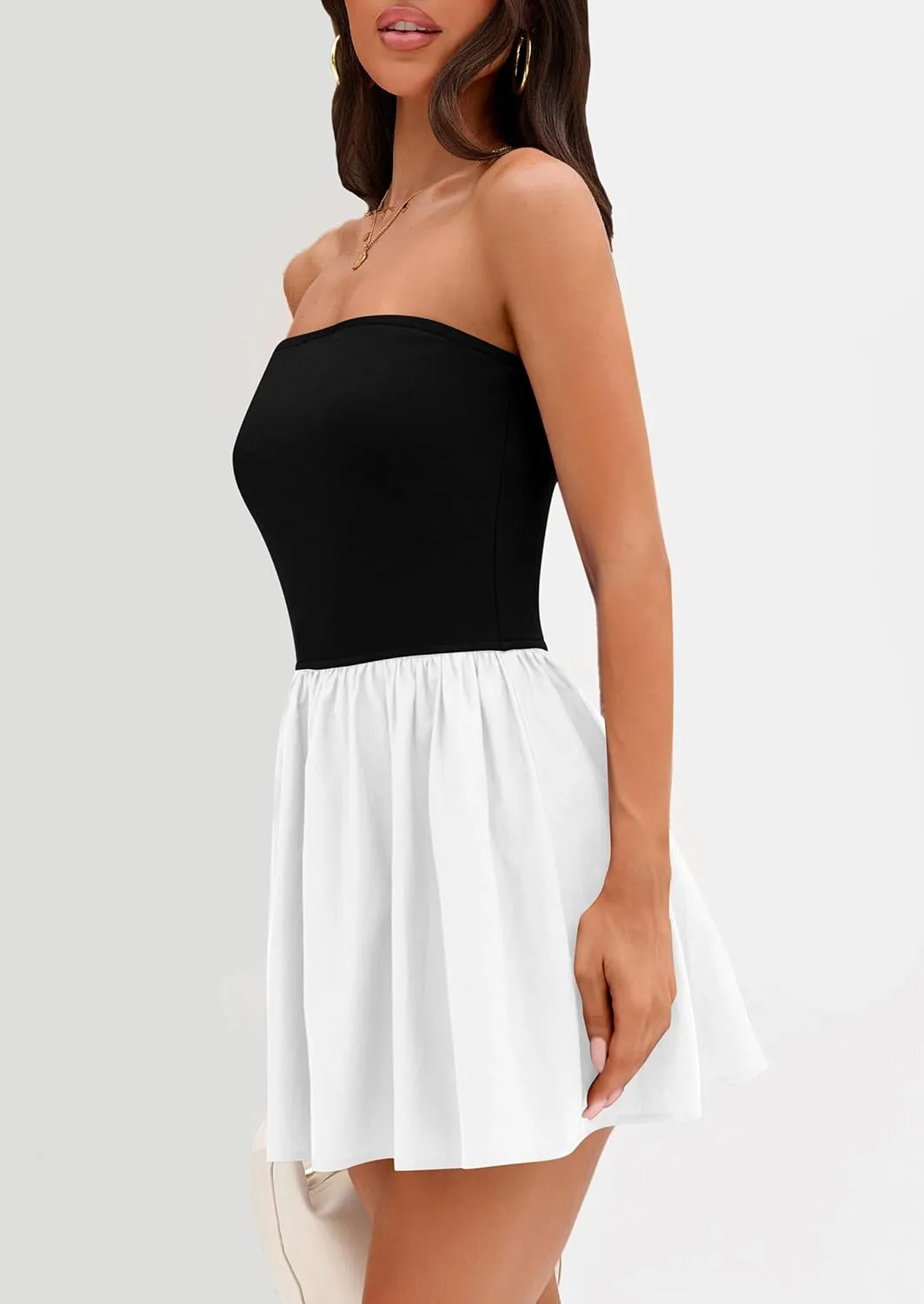 PRETTYGARDEN Women's Summer Strapless Mini Party Dress 2025 Casual Tube Top Ruffle A Line Short Patchwork Sundresses