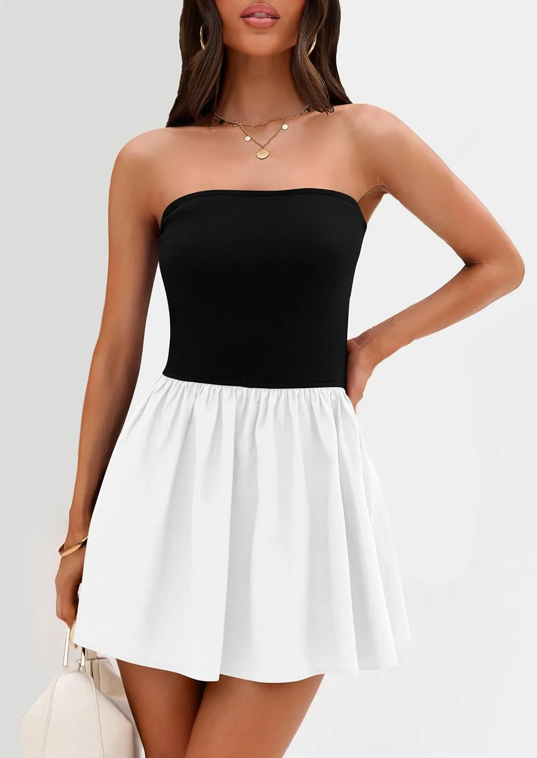PRETTYGARDEN Women's Summer Strapless Mini Party Dress 2025 Casual Tube Top Ruffle A Line Short Patchwork Sundresses