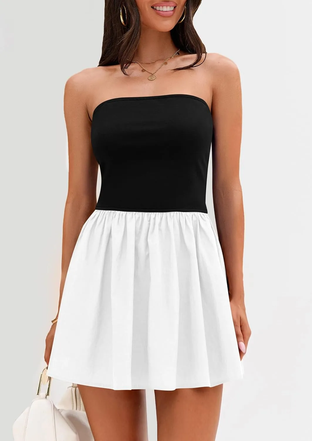 PRETTYGARDEN Women's Summer Strapless Mini Party Dress 2025 Casual Tube Top Ruffle A Line Short Patchwork Sundresses