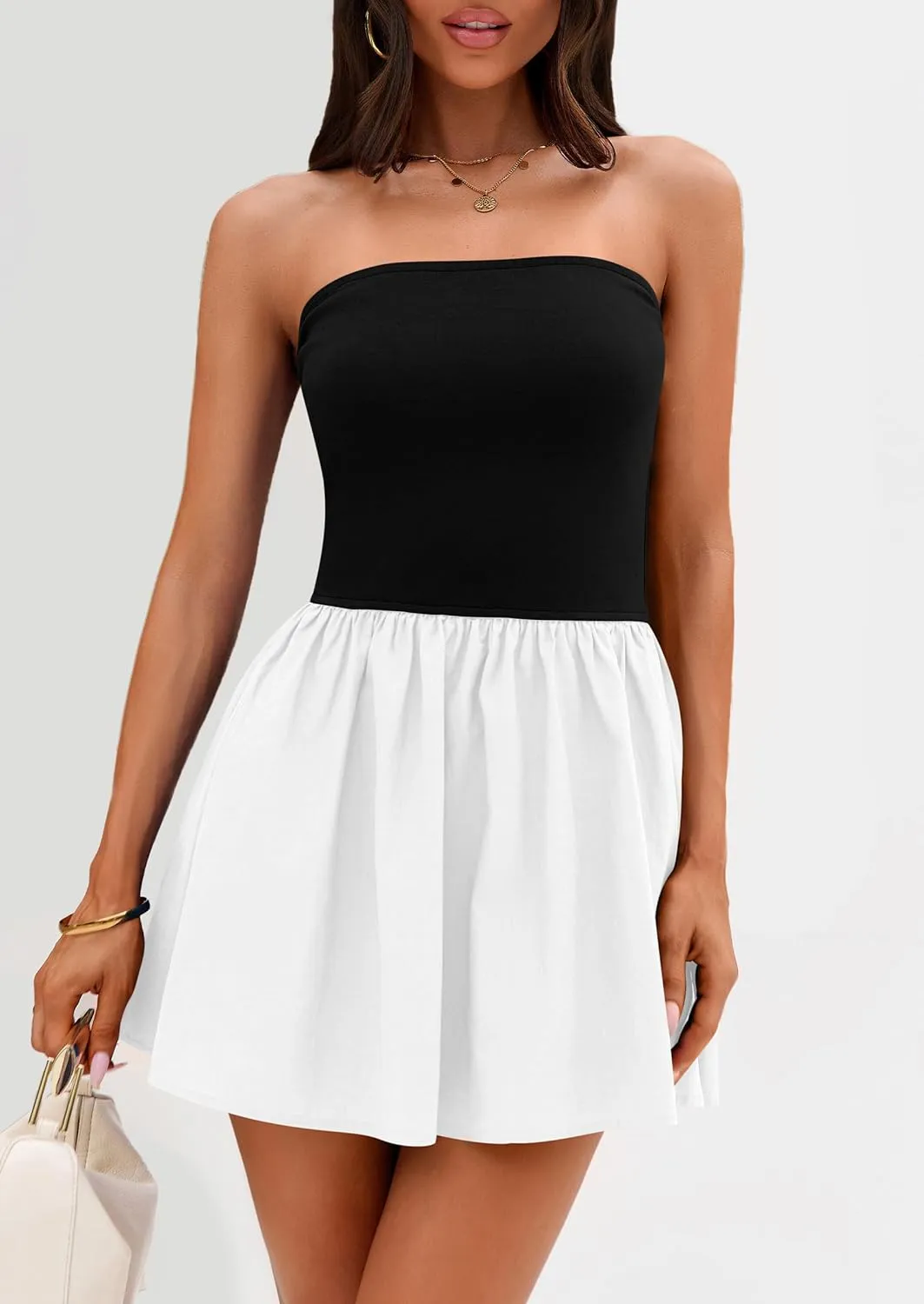 PRETTYGARDEN Women's Summer Strapless Mini Party Dress 2025 Casual Tube Top Ruffle A Line Short Patchwork Sundresses