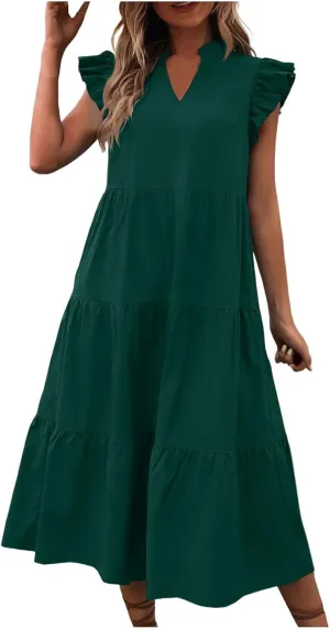 PTOLOCIF Women Fashion Solid V Neck Short Sexy Short Sleeve Casual Loose Long Dress V Dress