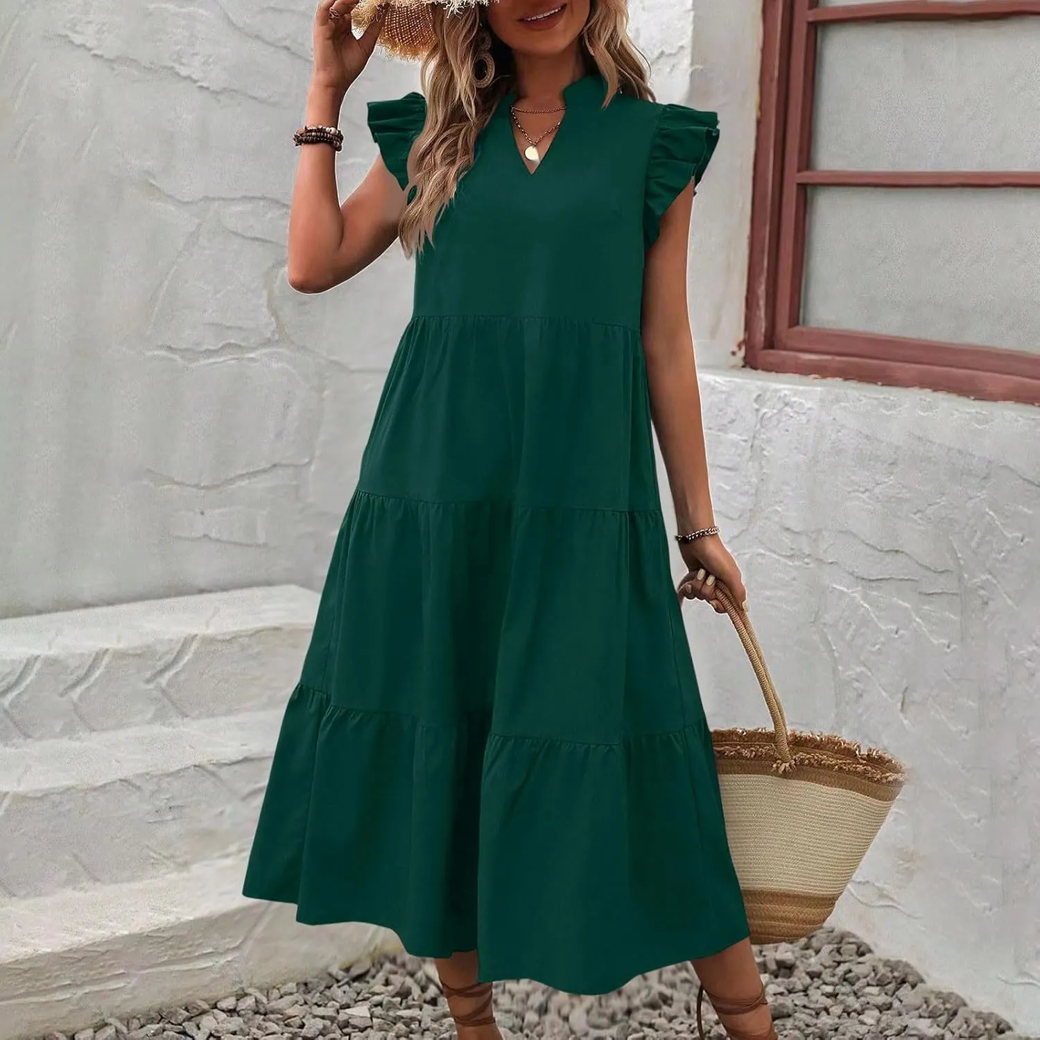 PTOLOCIF Women Fashion Solid V Neck Short Sexy Short Sleeve Casual Loose Long Dress V Dress