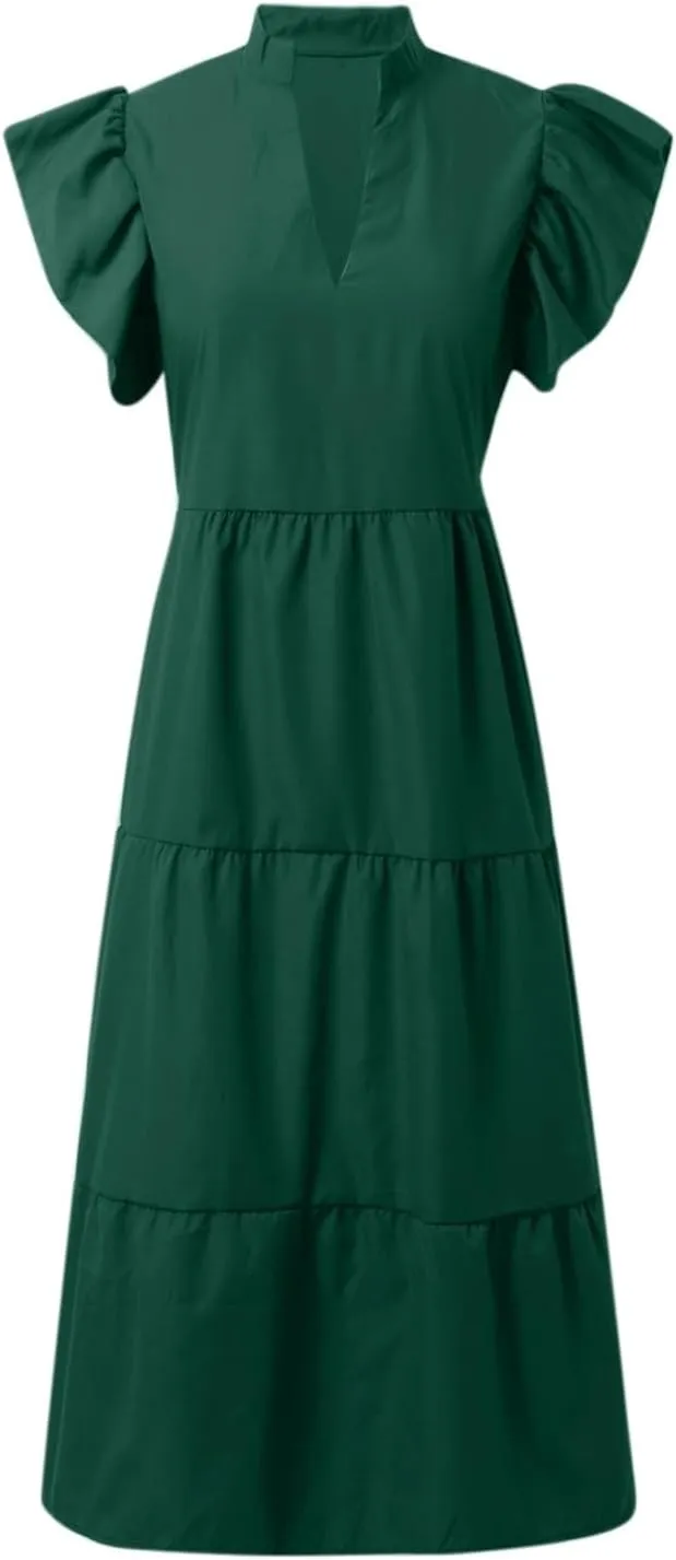 PTOLOCIF Women Fashion Solid V Neck Short Sexy Short Sleeve Casual Loose Long Dress V Dress