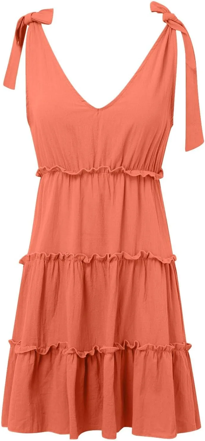 PTOLOCIF Women's Casual V Neck Sleeveless Mini Dress Tie Shoulder Width Layered Ruffles Flowing A Party Casual Dresses