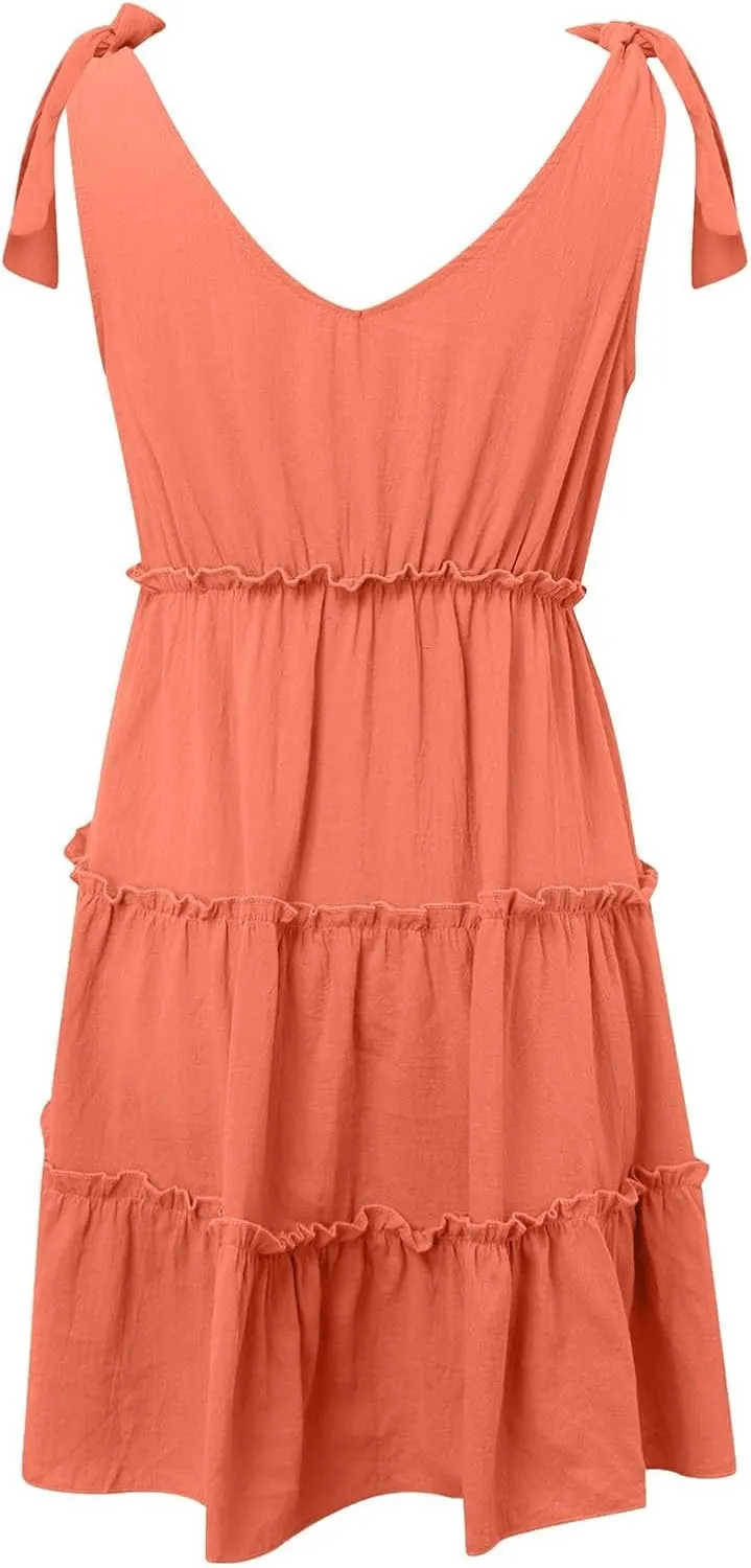 PTOLOCIF Women's Casual V Neck Sleeveless Mini Dress Tie Shoulder Width Layered Ruffles Flowing A Party Casual Dresses