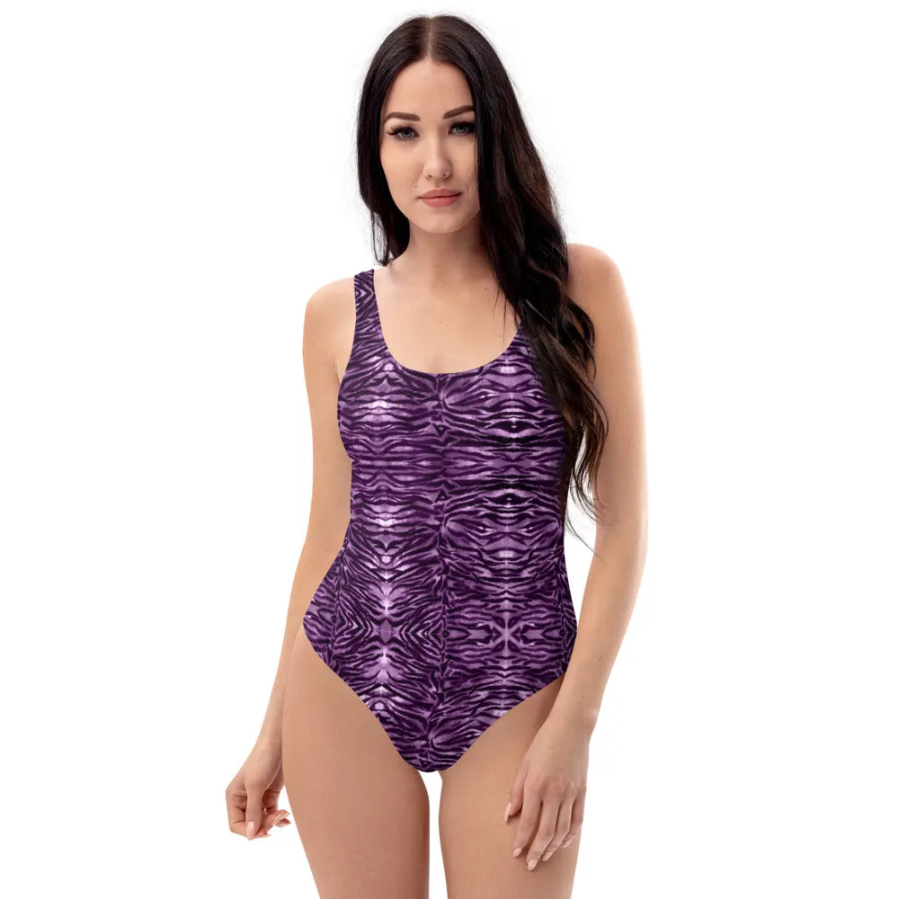 Purple Tiger One-Piece Swimsuit, Animal Print Best Women's Swimwear-Made in USA/EU/MX