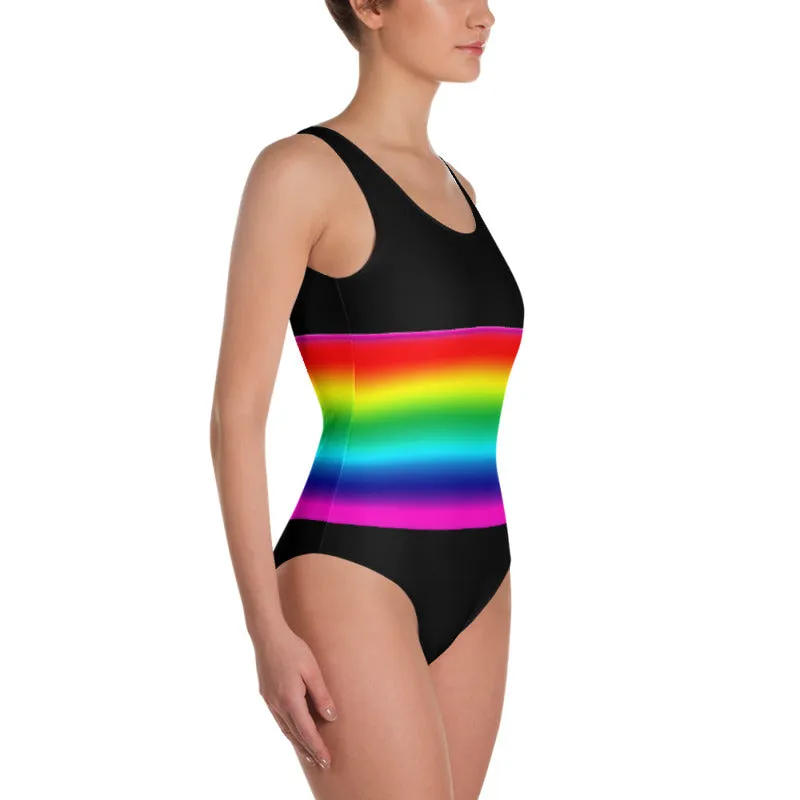 Rainbow Stripe Women's Swimwear, Gay Pride 1-Piece Luxury Swimsuit-Made in USA/EU