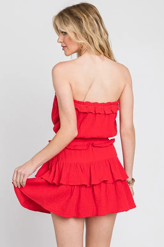 Red Gauze Strapless Ruffle Detail Flounce Romper Dress