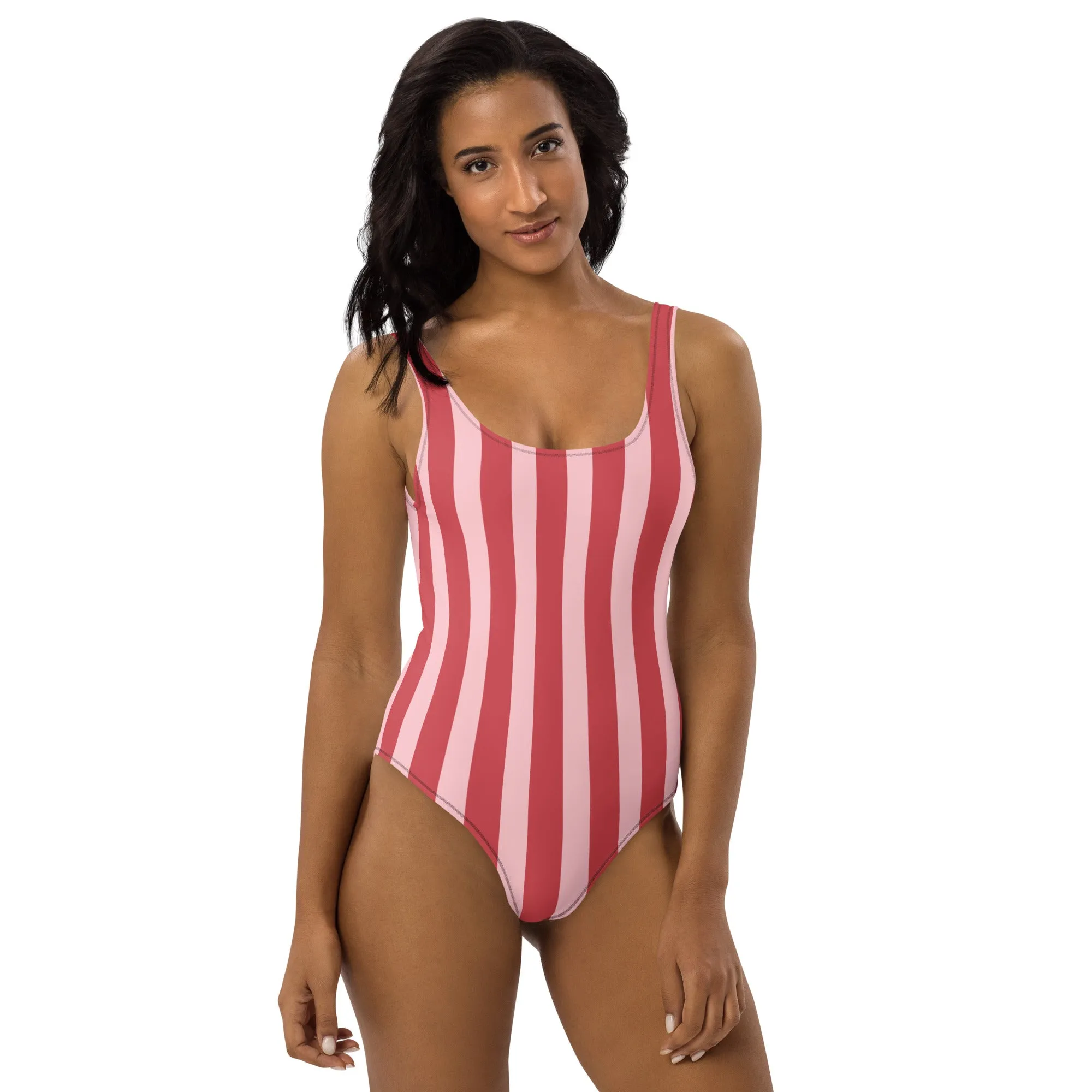 Red Striped One-Piece Swimsuit, Striped Print Designer Classic Luxury 1-Piece Swimwear-Made in USA/EU