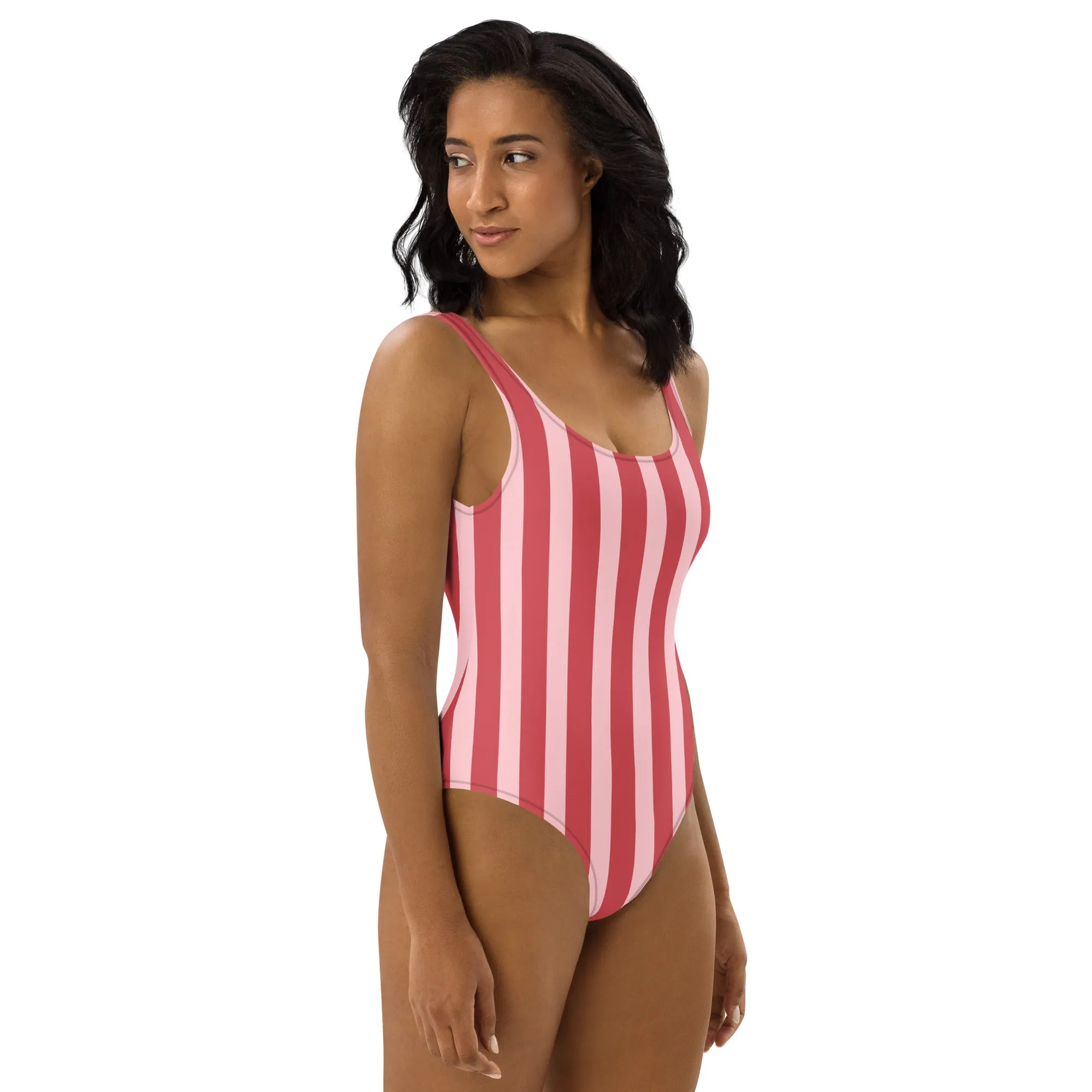 Red Striped One-Piece Swimsuit, Striped Print Designer Classic Luxury 1-Piece Swimwear-Made in USA/EU