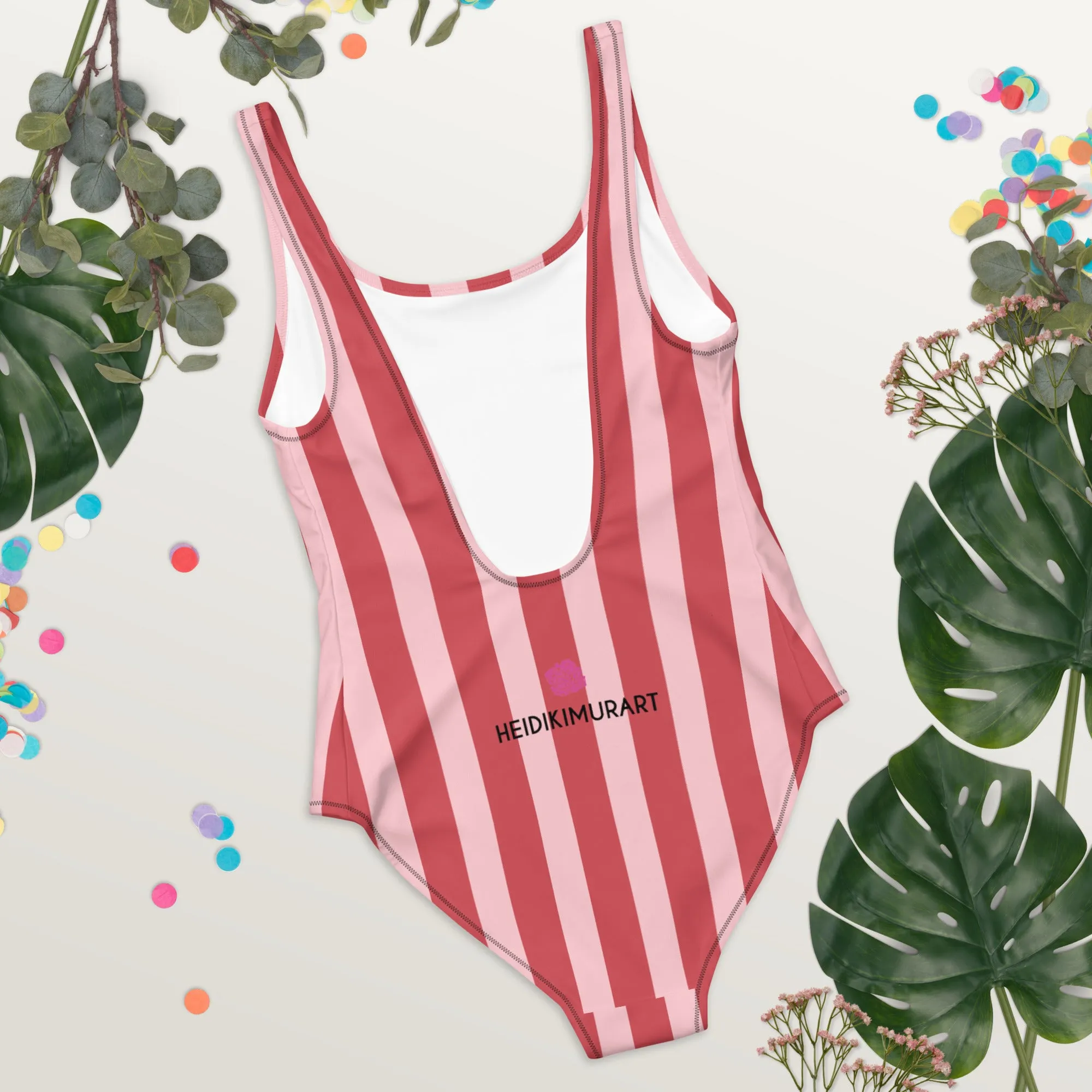Red Striped One-Piece Swimsuit, Striped Print Designer Classic Luxury 1-Piece Swimwear-Made in USA/EU