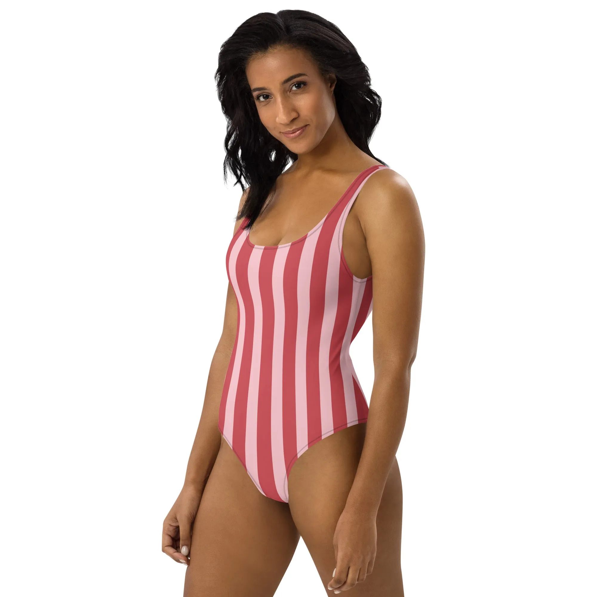 Red Striped One-Piece Swimsuit, Striped Print Designer Classic Luxury 1-Piece Swimwear-Made in USA/EU