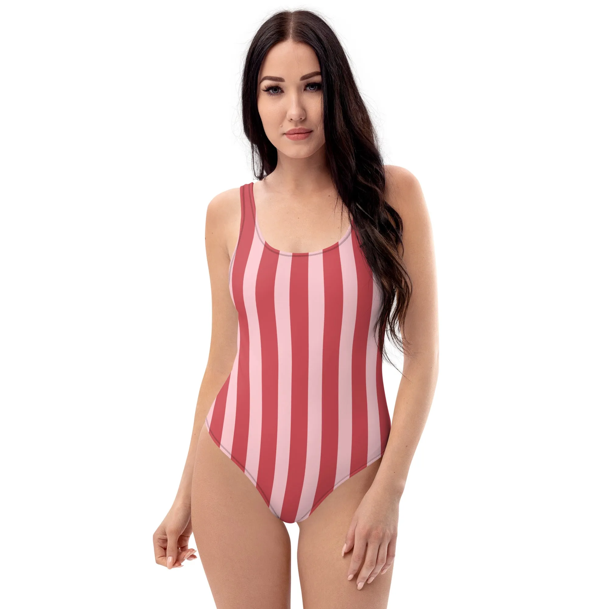 Red Striped One-Piece Swimsuit, Striped Print Designer Classic Luxury 1-Piece Swimwear-Made in USA/EU