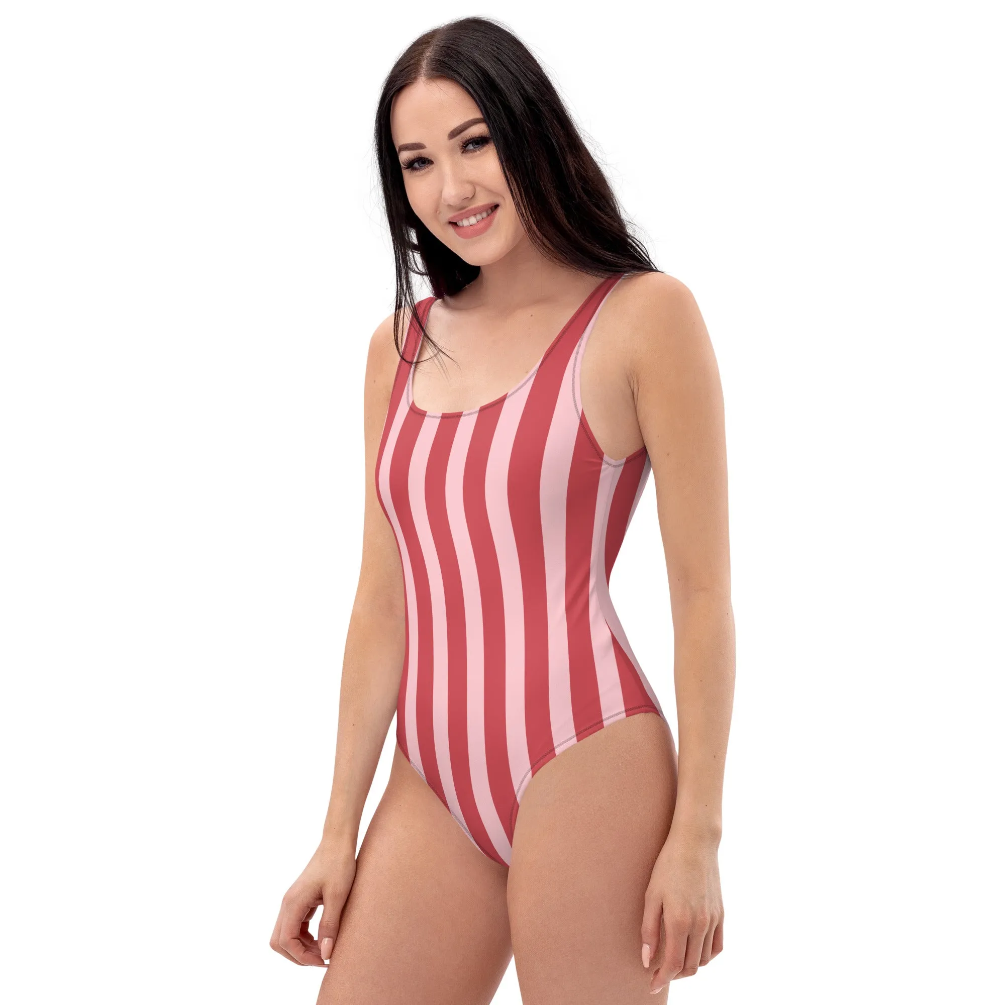 Red Striped One-Piece Swimsuit, Striped Print Designer Classic Luxury 1-Piece Swimwear-Made in USA/EU
