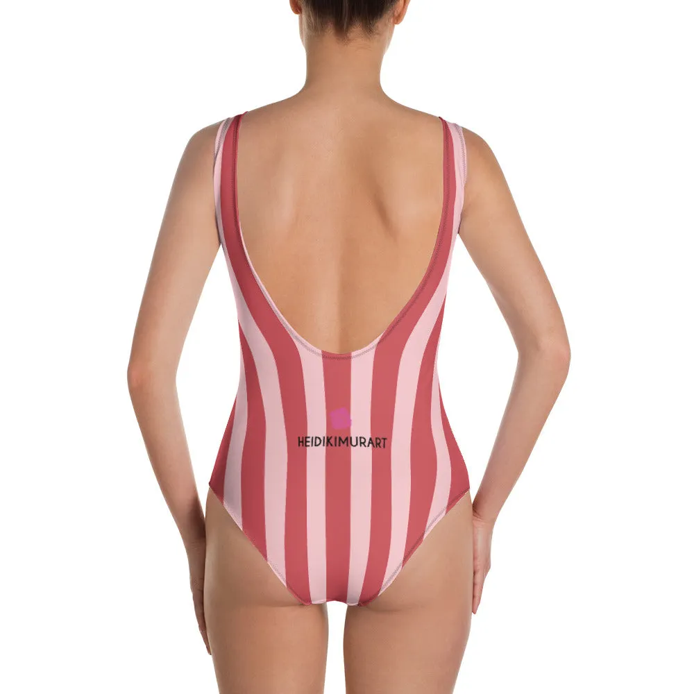 Red Striped One-Piece Swimsuit, Striped Print Designer Classic Luxury 1-Piece Swimwear-Made in USA/EU
