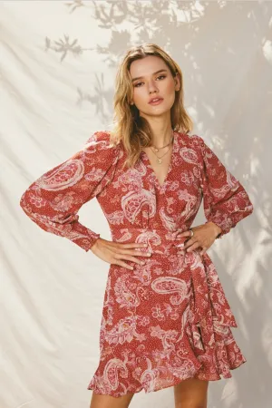 Rose Long Bishop Sleeve Mini Dress in Pink Paisley Print