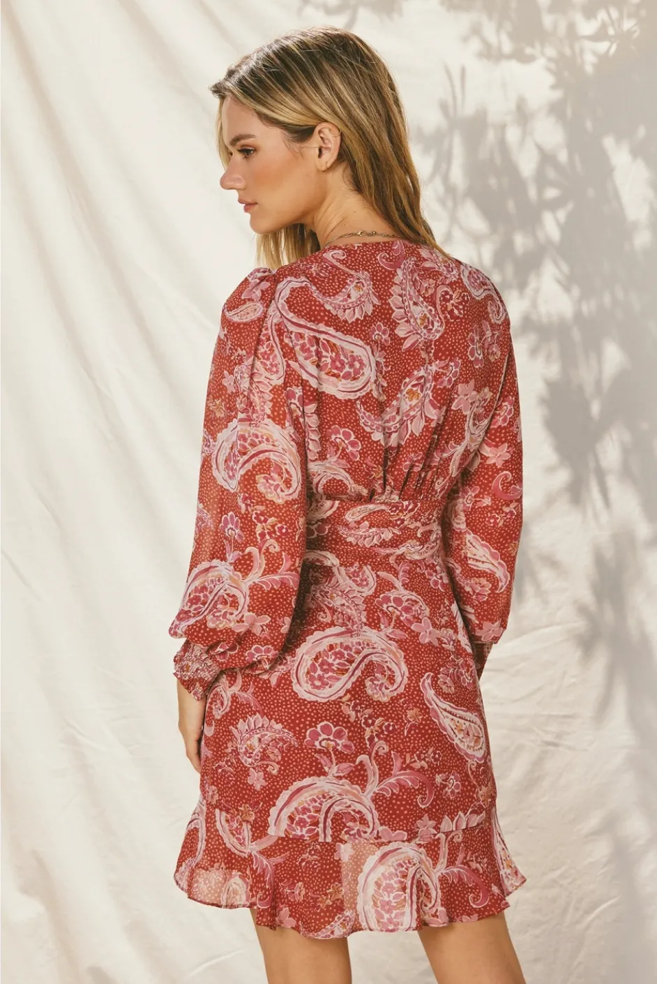 Rose Long Bishop Sleeve Mini Dress in Pink Paisley Print