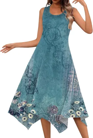 Round Neck Dress Womens Casual Sleeveless Fashion Floral Print Women's Irregular Hem Loose Weekend 2024 Midi Dress