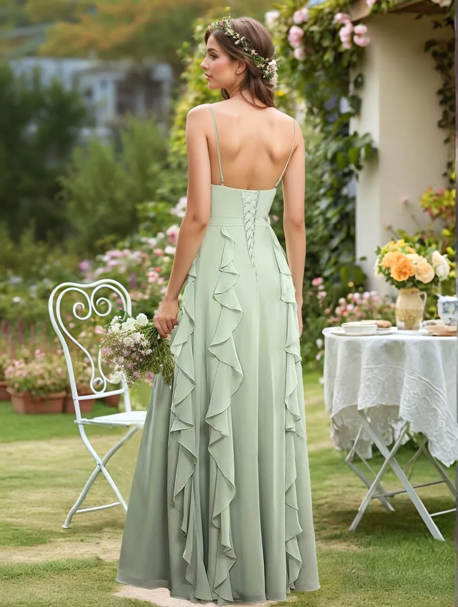 Ruffle Chiffon V Neck Bridesmaid Dresses for Women Corset A Line Ruched Long Slit Formal Evening Gown