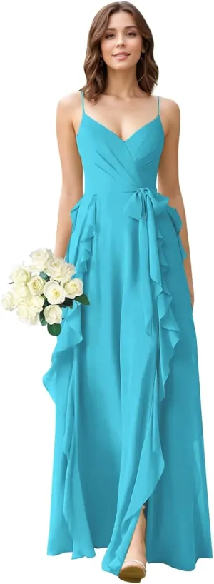 Ruffle Chiffon V Neck Bridesmaid Dresses for Women Corset A Line Ruched Long Slit Formal Evening Gown