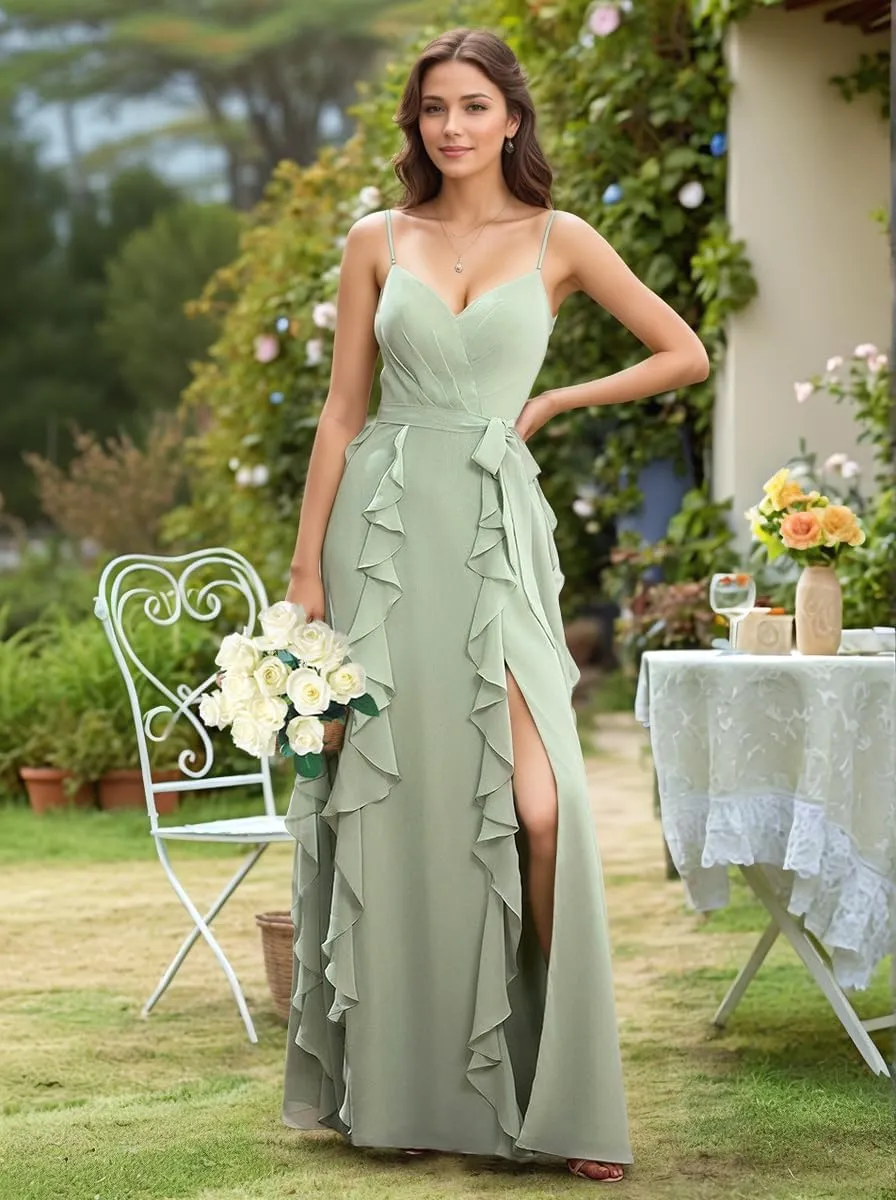 Ruffle Chiffon V Neck Bridesmaid Dresses for Women Corset A Line Ruched Long Slit Formal Evening Gown