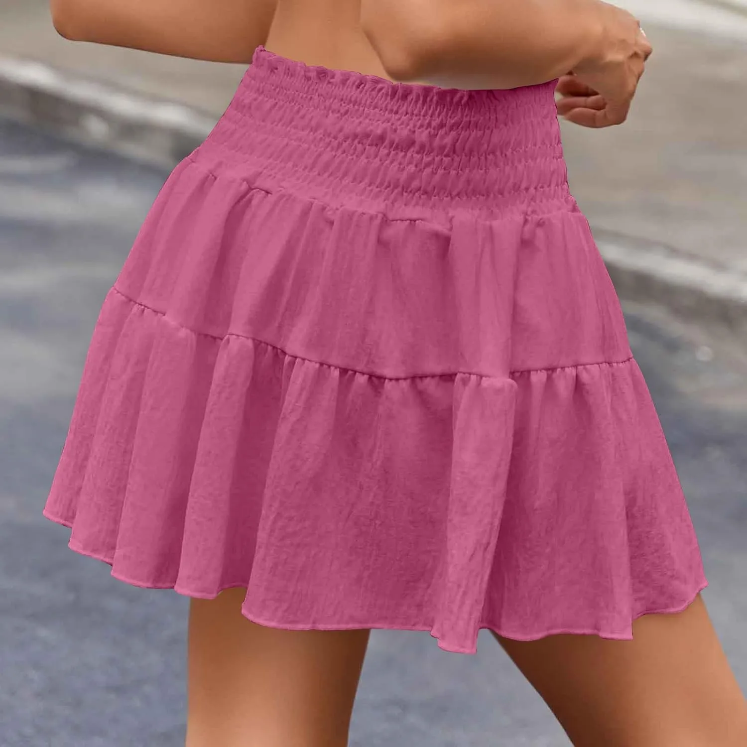 Ruffle Tiered Short Skirt for Women Summer Elastic Waisted Pleated Layer Skirts Casual Trendy Beach Vacation Skirt