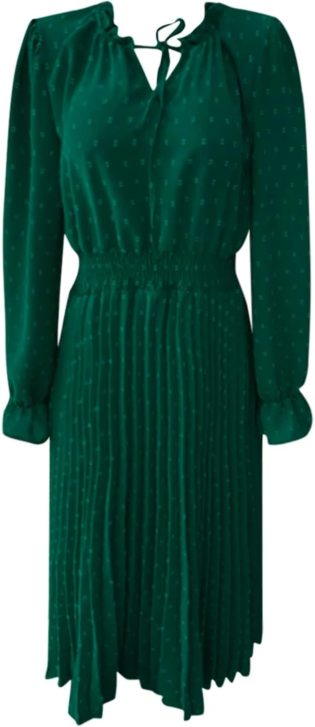 Rvidbe Dresses for Women 2024 Elegant, Women's Spring Midi Dress Casual Long Sleeve V Neck Dress Pleated A Line Flowy Dresses