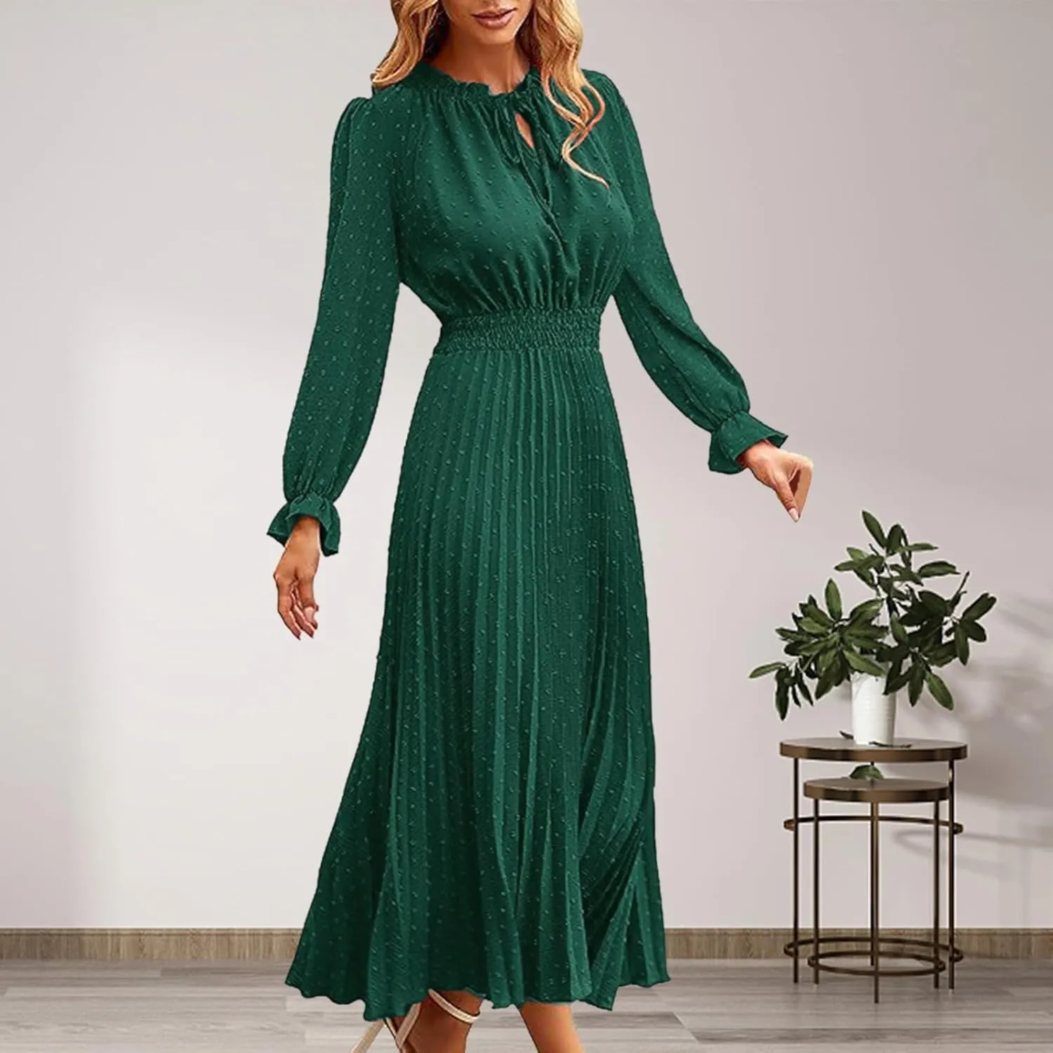 Rvidbe Dresses for Women 2024 Elegant, Women's Spring Midi Dress Casual Long Sleeve V Neck Dress Pleated A Line Flowy Dresses