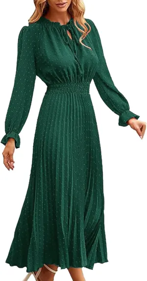 Rvidbe Dresses for Women 2024 Elegant, Women's Spring Midi Dress Casual Long Sleeve V Neck Dress Pleated A Line Flowy Dresses