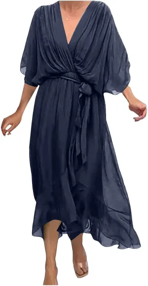 Rvidbe Summer Casual Warp Flowy Maxi Dresses for Women V Neck Bat Sleeve Lace Up Long Beach Dress Plus Size Formal Dress