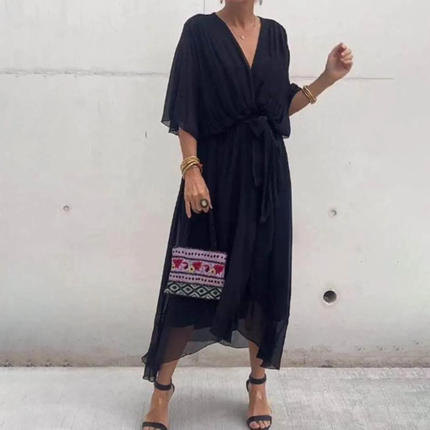 Rvidbe Summer Casual Warp Flowy Maxi Dresses for Women V Neck Bat Sleeve Lace Up Long Beach Dress Plus Size Formal Dress