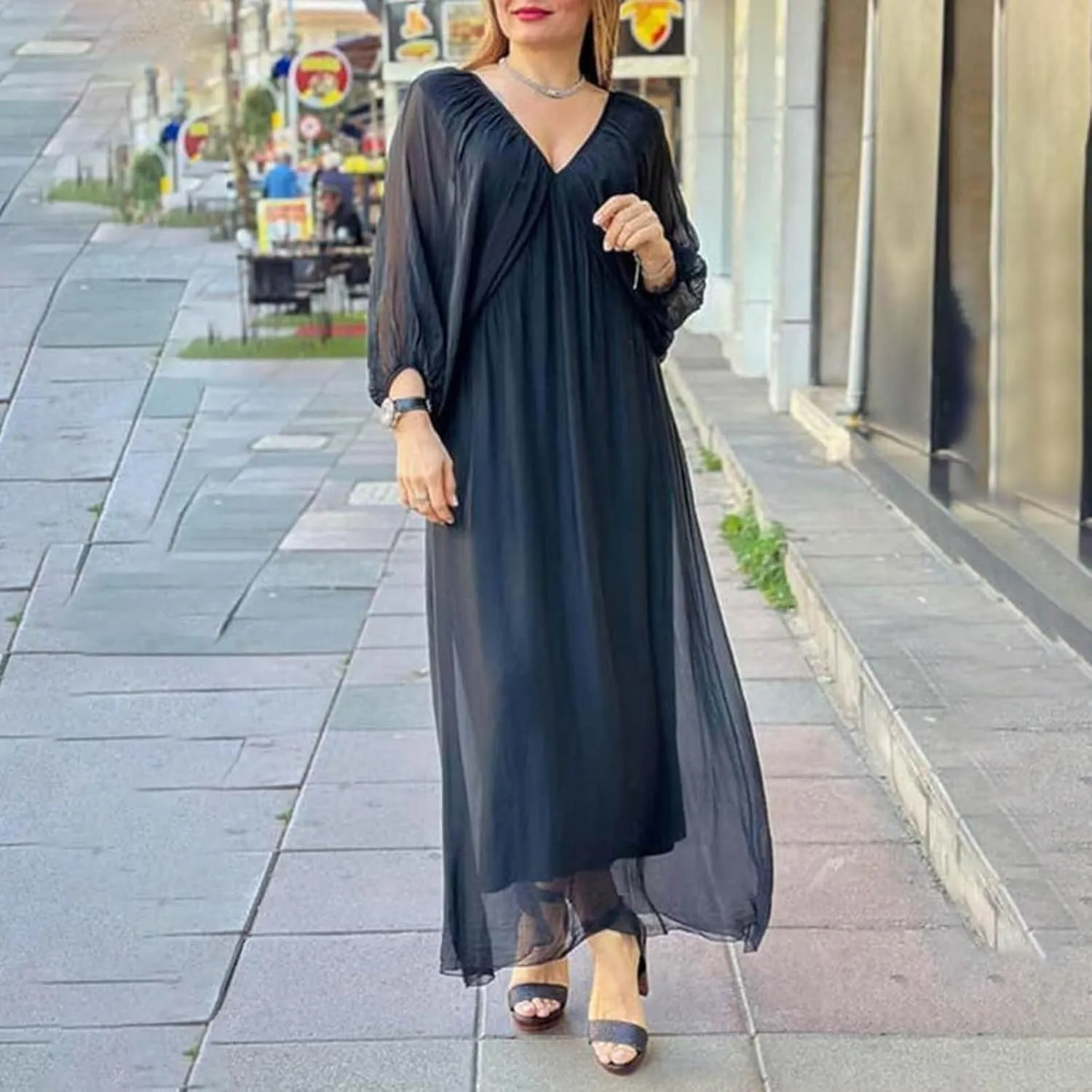 Rvidbe Summer Casual Warp Flowy Maxi Dresses for Women V Neck Bat Sleeve Lace Up Long Beach Dress Plus Size Formal Dress