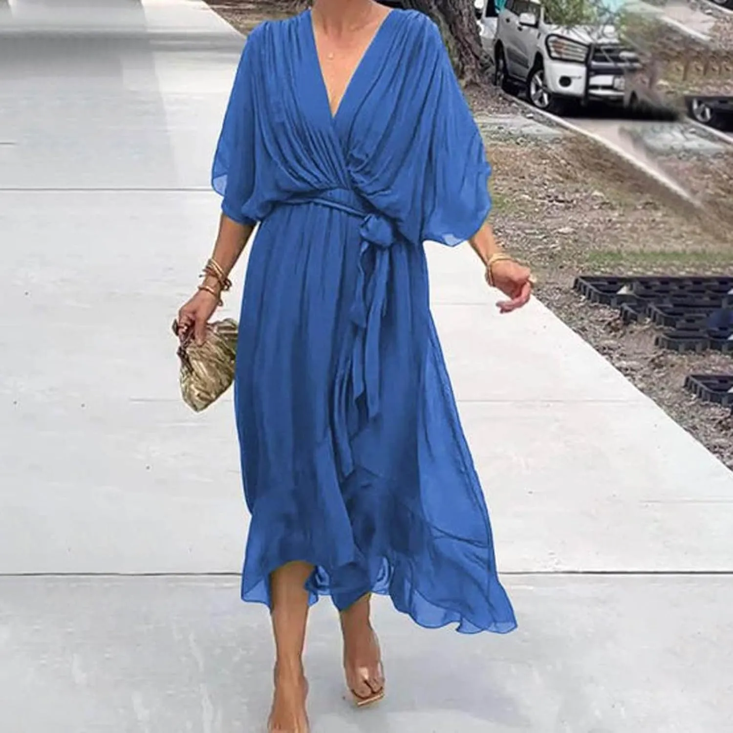 Rvidbe Summer Casual Warp Flowy Maxi Dresses for Women V Neck Bat Sleeve Lace Up Long Beach Dress Plus Size Formal Dress