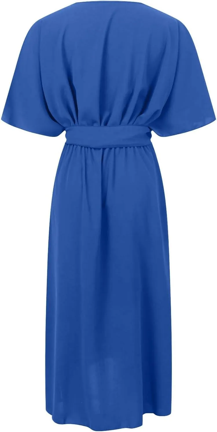 Rvidbe Summer Casual Warp Flowy Maxi Dresses for Women V Neck Bat Sleeve Lace Up Long Beach Dress Plus Size Formal Dress