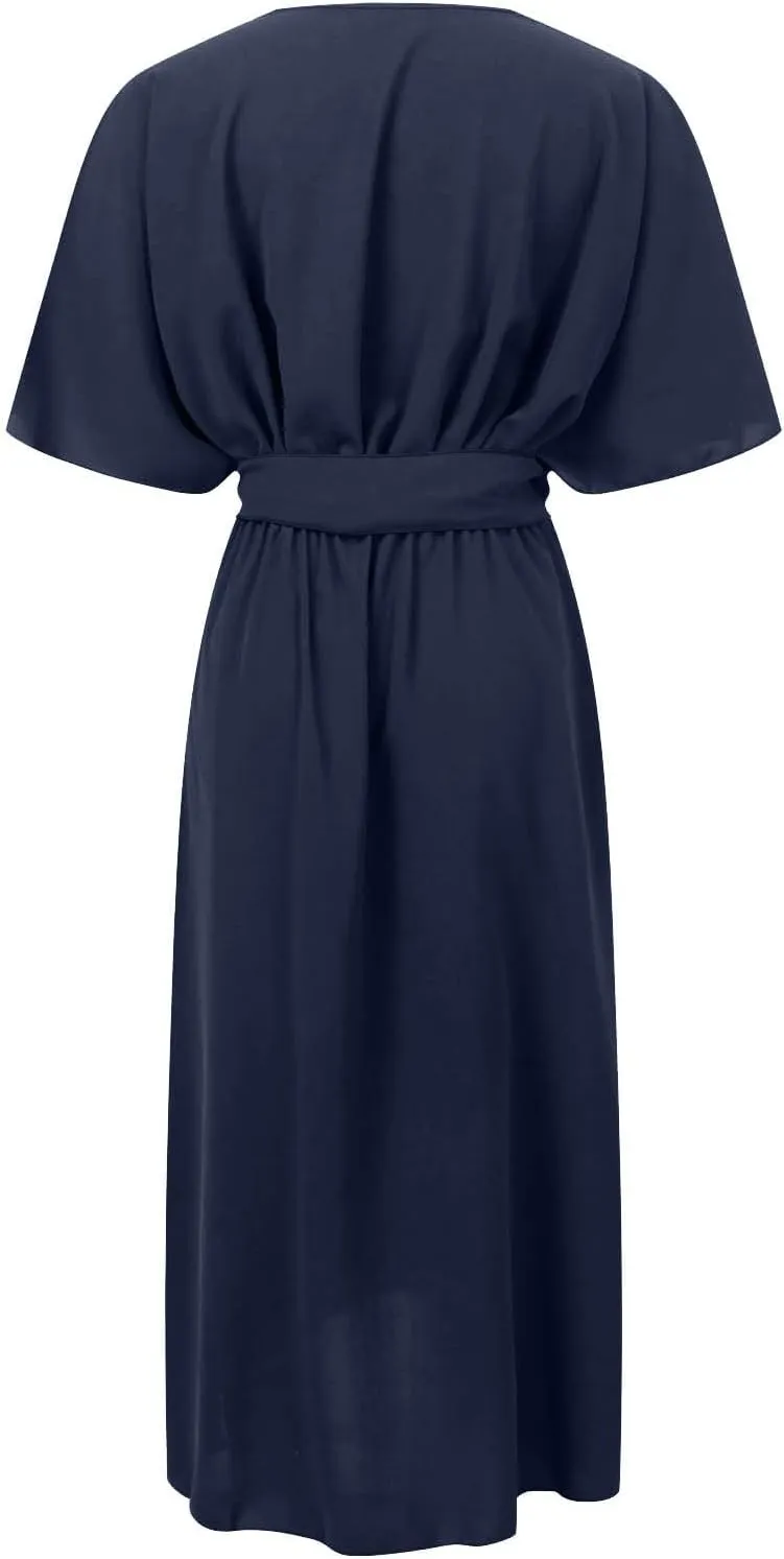 Rvidbe Summer Casual Warp Flowy Maxi Dresses for Women V Neck Bat Sleeve Lace Up Long Beach Dress Plus Size Formal Dress