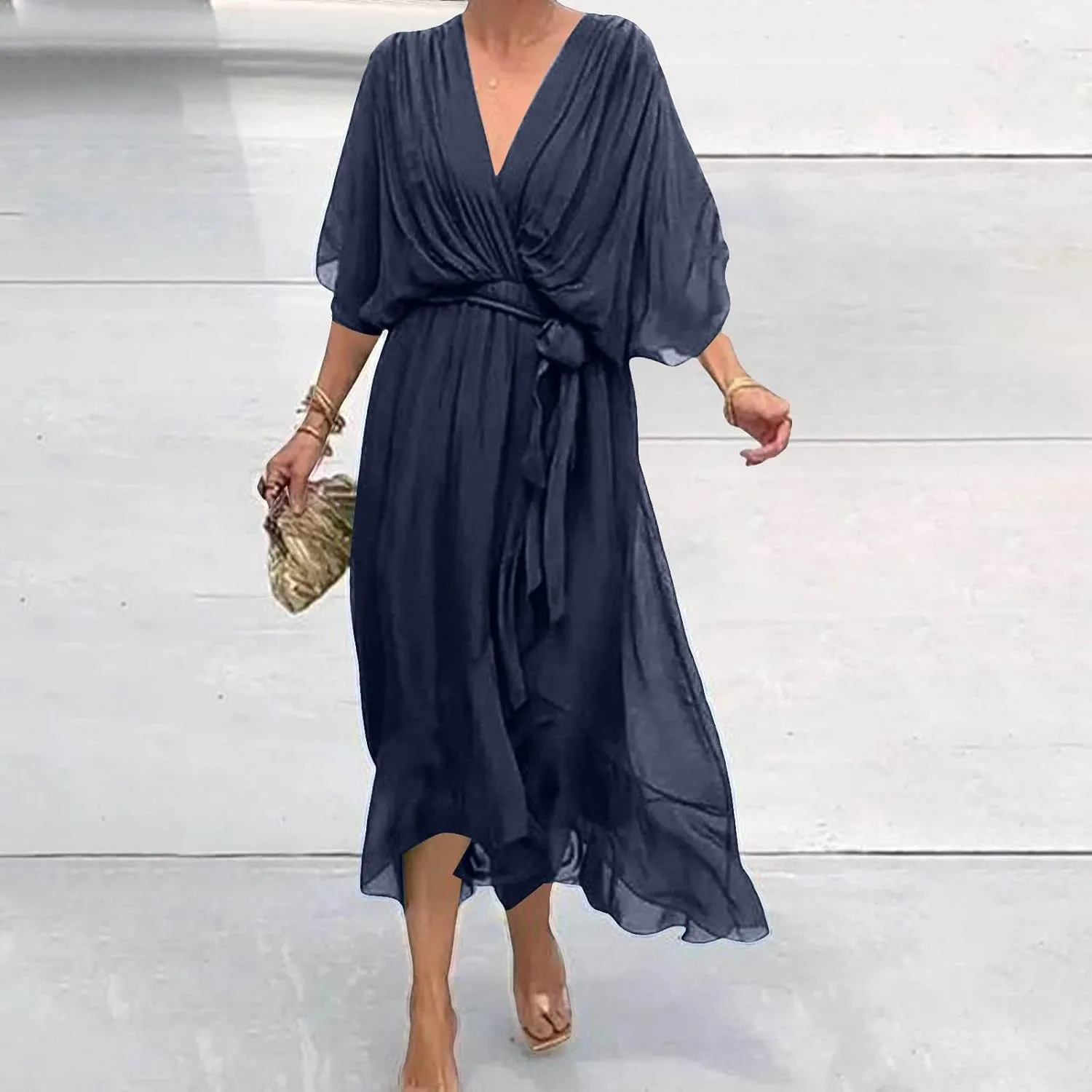 Rvidbe Summer Casual Warp Flowy Maxi Dresses for Women V Neck Bat Sleeve Lace Up Long Beach Dress Plus Size Formal Dress