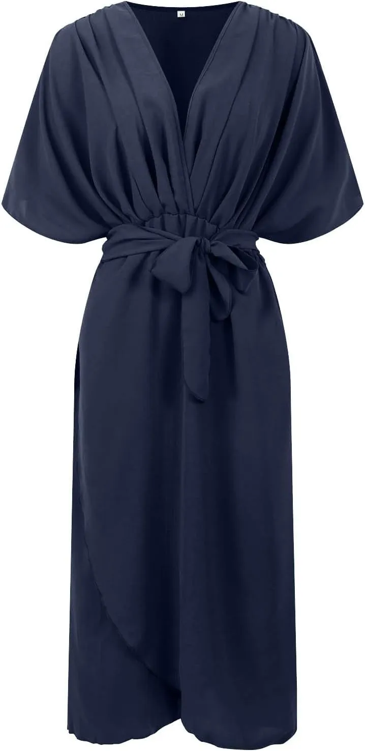 Rvidbe Summer Casual Warp Flowy Maxi Dresses for Women V Neck Bat Sleeve Lace Up Long Beach Dress Plus Size Formal Dress