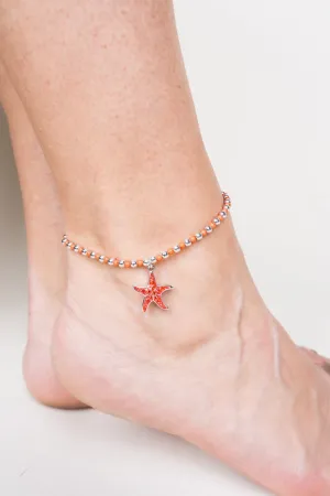 SALE! Orange Starfish Silvertone Beaded Anklet