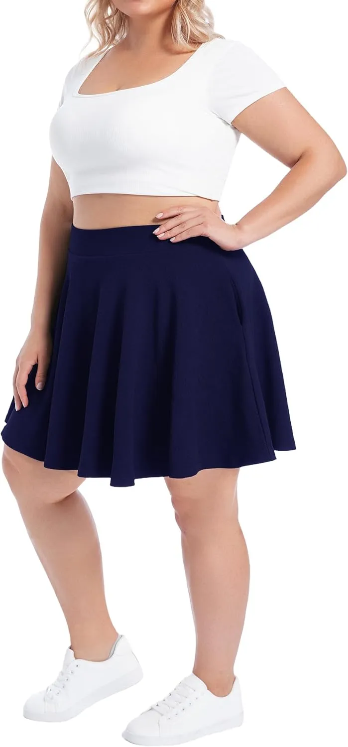 SEKINO Women's Plus Size Mini Skirts Basic Versatile Skorts with Pockets Stretchy Flared Pleated Casual Skirt Built in Shorts