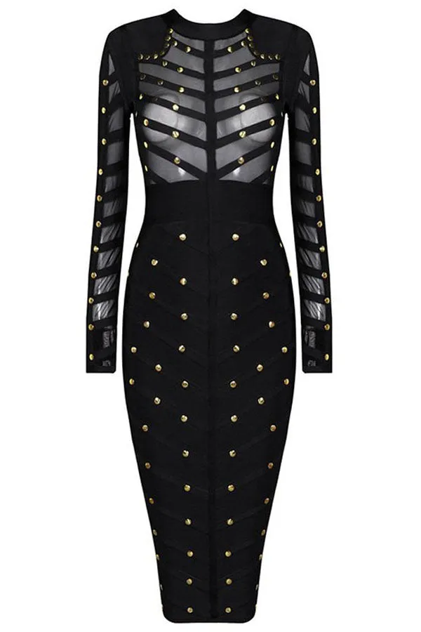 Sexy Black Studded Mesh Bandage Dress