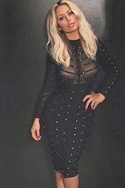 Sexy Black Studded Mesh Bandage Dress