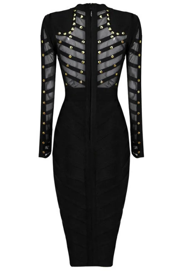 Sexy Black Studded Mesh Bandage Dress