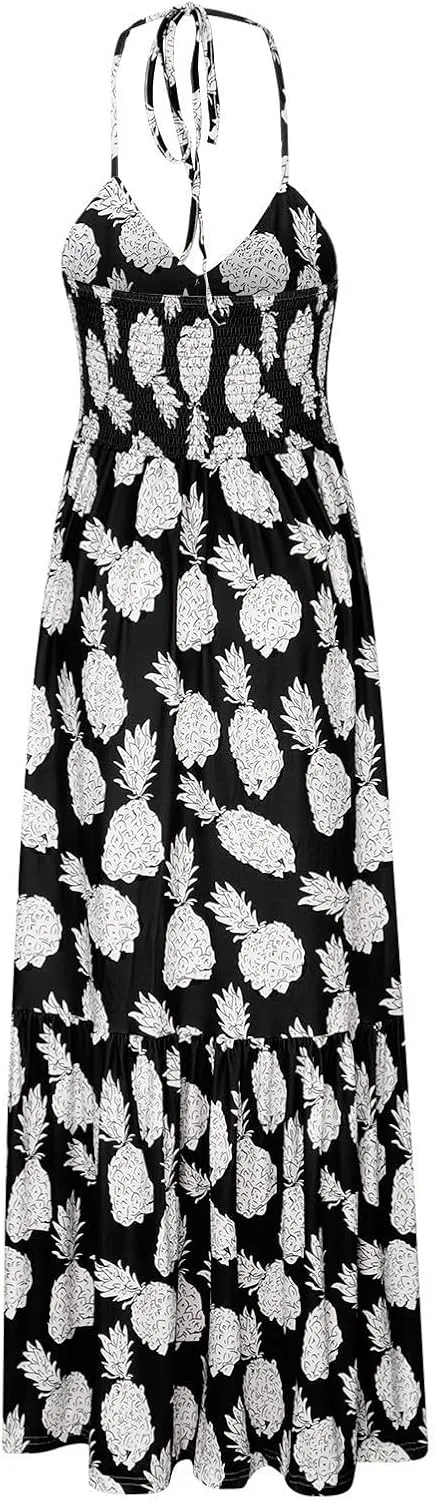 Sexy Maxi Dresses for Women 2024 Bow Tie Pineapple Print Beach Sundresses Spaghetti Strap v Neck Floor Length Dress