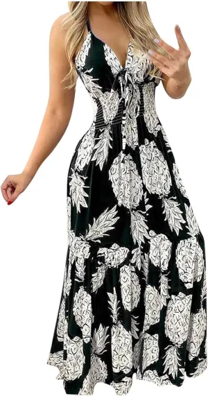 Sexy Maxi Dresses for Women 2024 Bow Tie Pineapple Print Beach Sundresses Spaghetti Strap v Neck Floor Length Dress